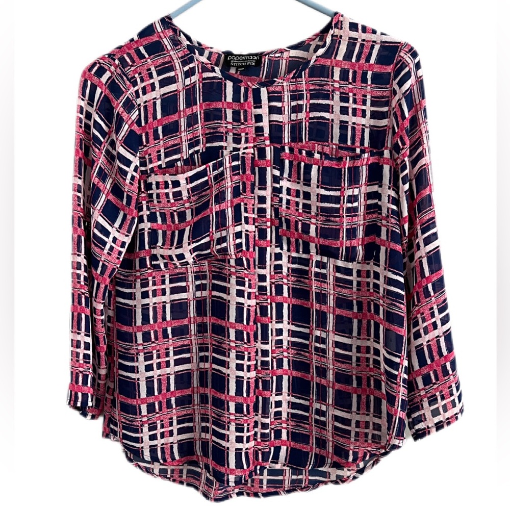PaperMoon Stitch Fix XSP Navy pink pullover semi sheer, pockets, roll sleeve EUC